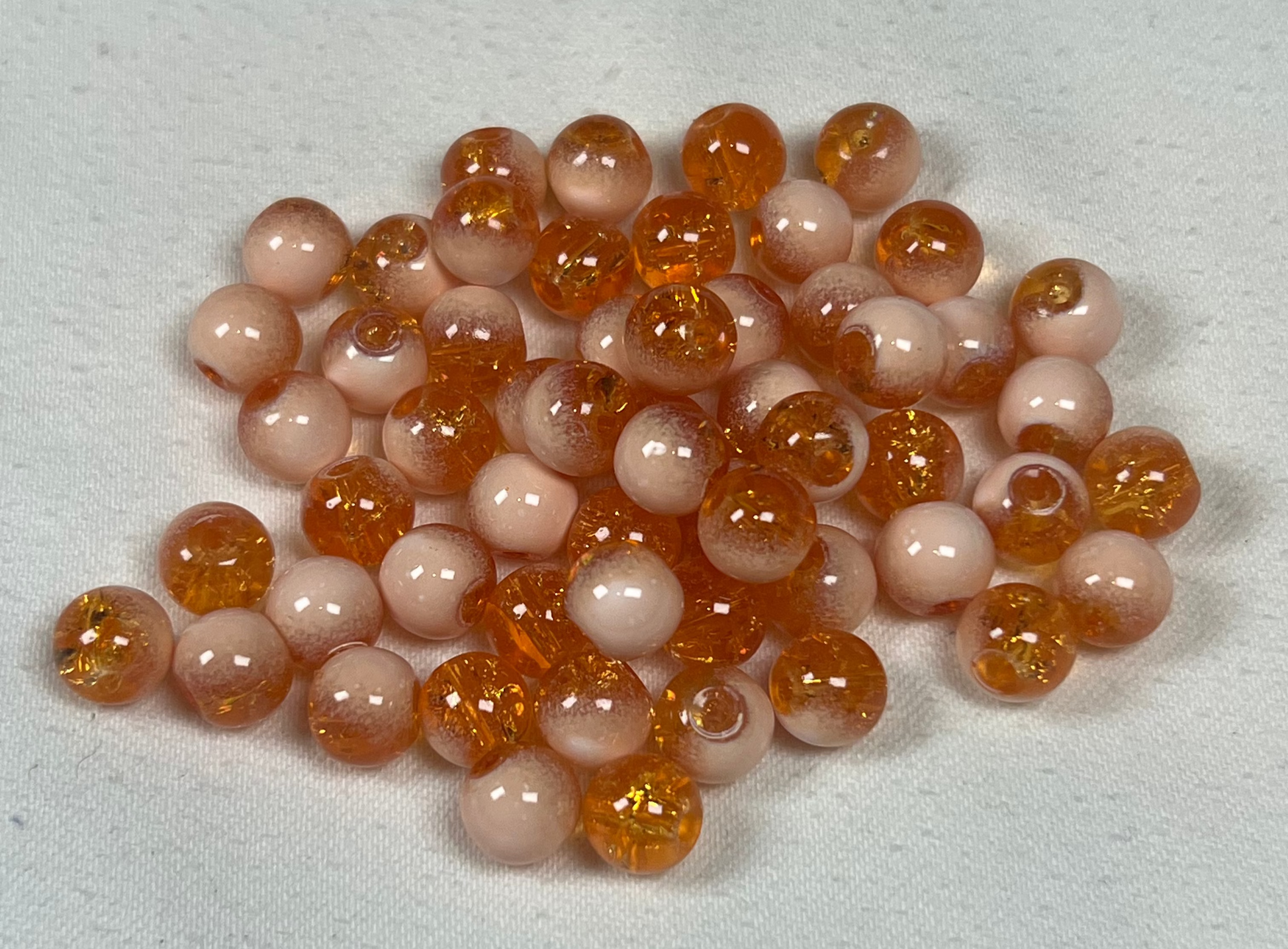 50 8mm Two-Tone Crackle Glass Beads Orange-Red & White