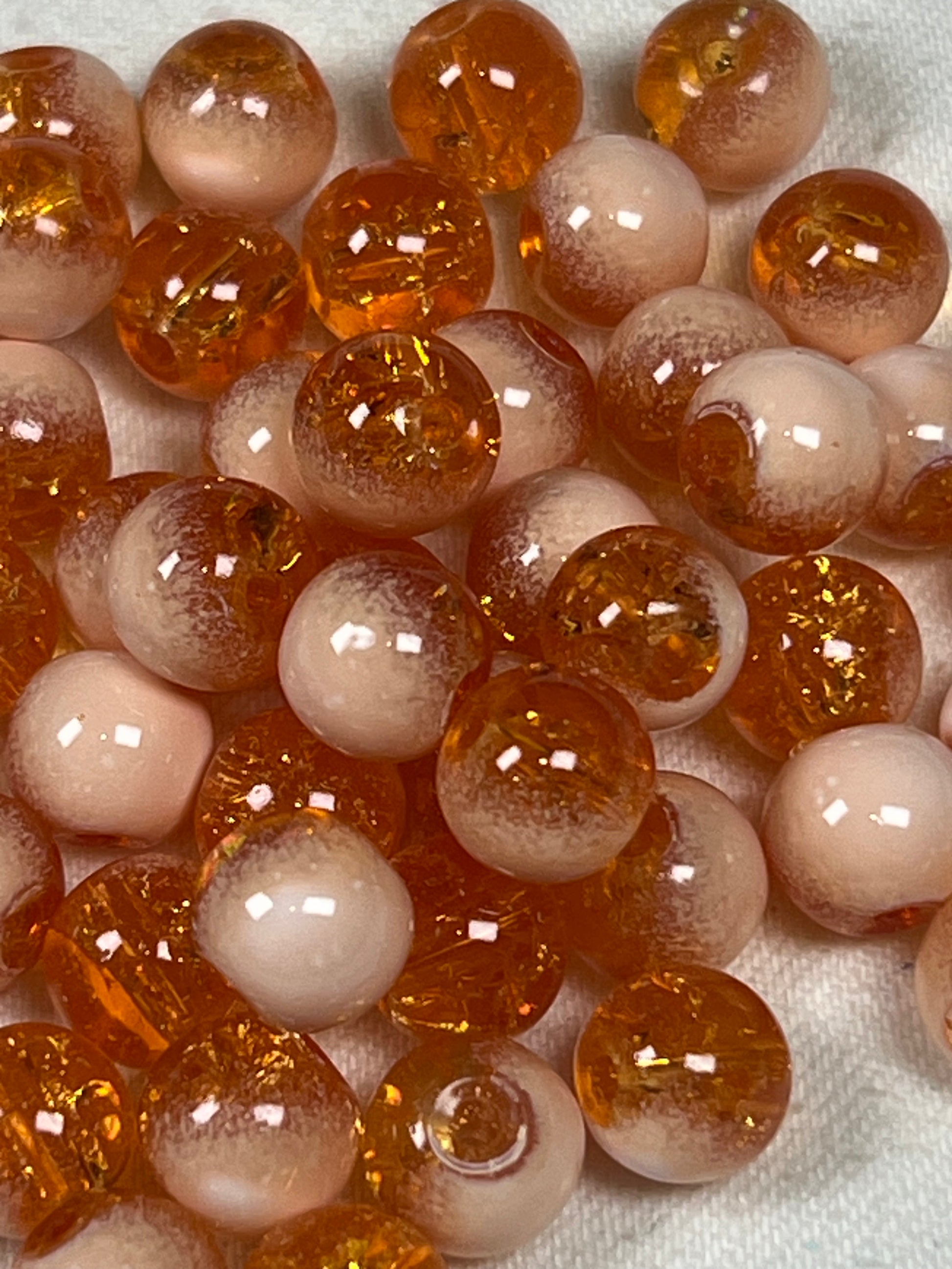50 8mm Two-Tone Crackle Glass Beads Orange-Red & White