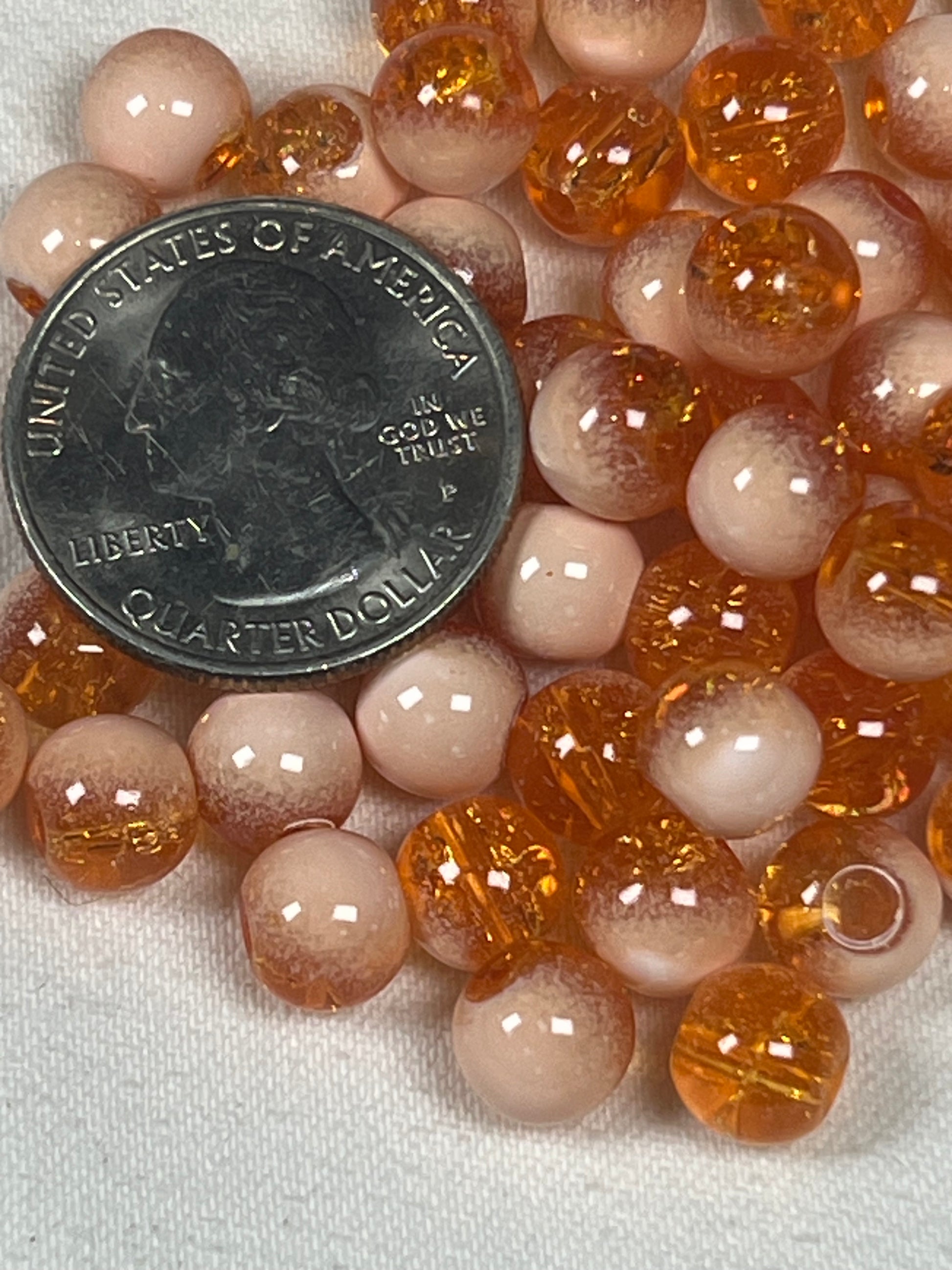 50 8mm Two-Tone Crackle Glass Beads Orange-Red & White