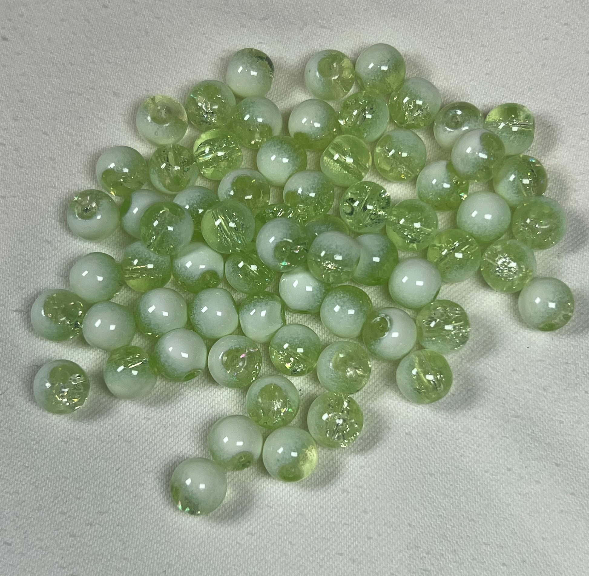 50 8mm Two-Tone Crackle Glass Beads Pale Green & White