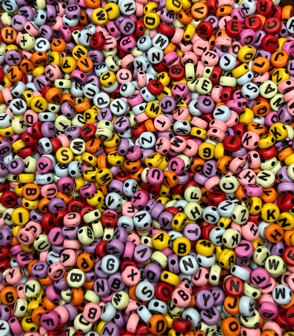 100 Acrylic Flat Round Letter Beads Colorful w/Black Letters
