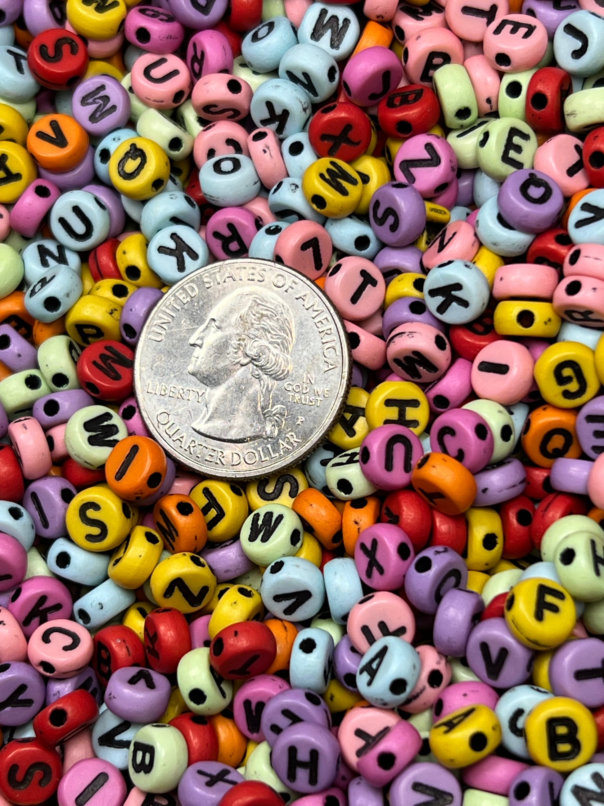 100 Acrylic Flat Round Letter Beads Colorful w/Black Letters