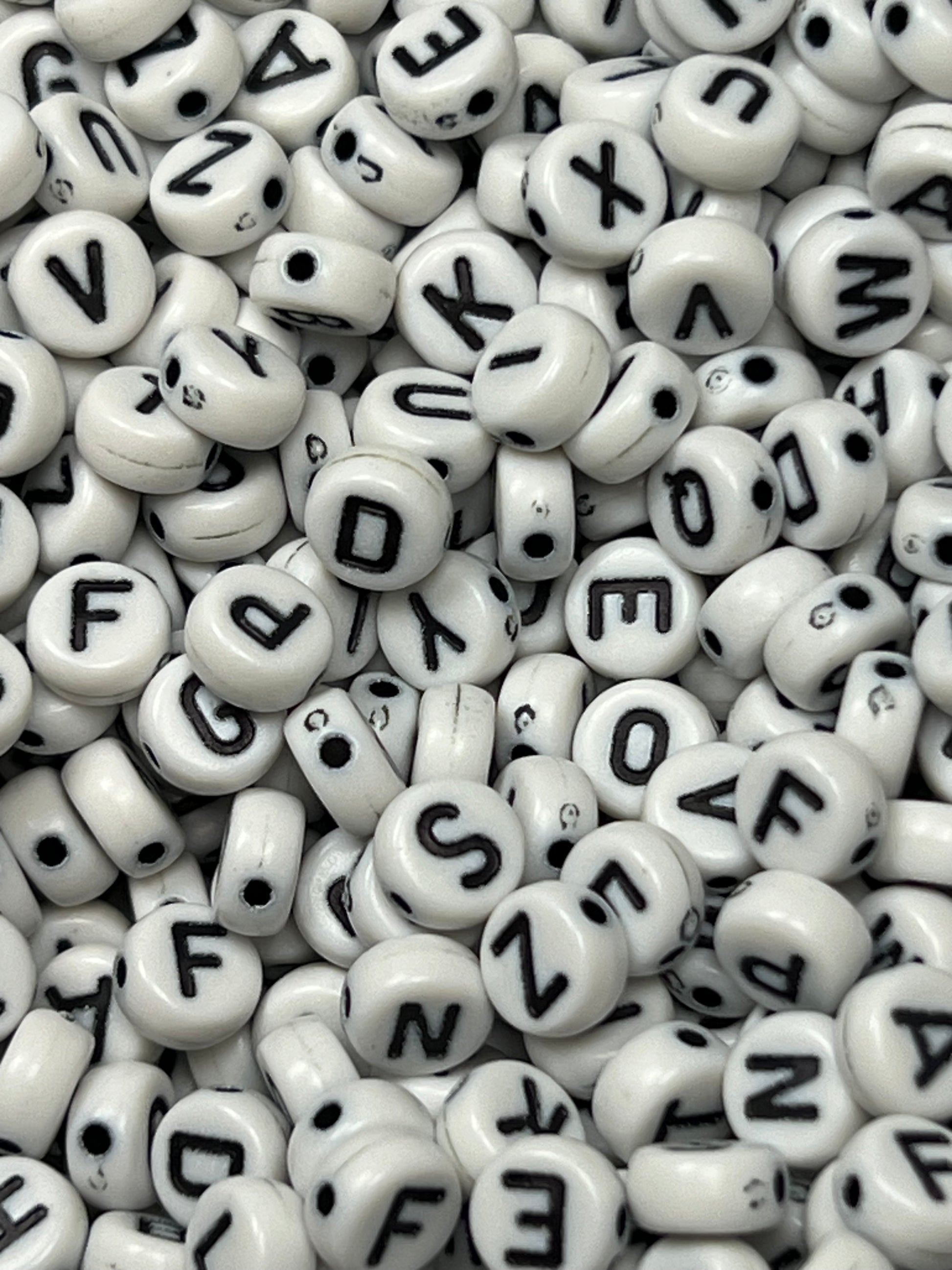100 Acrylic Flar Round Letter Beads White w/Black Letters