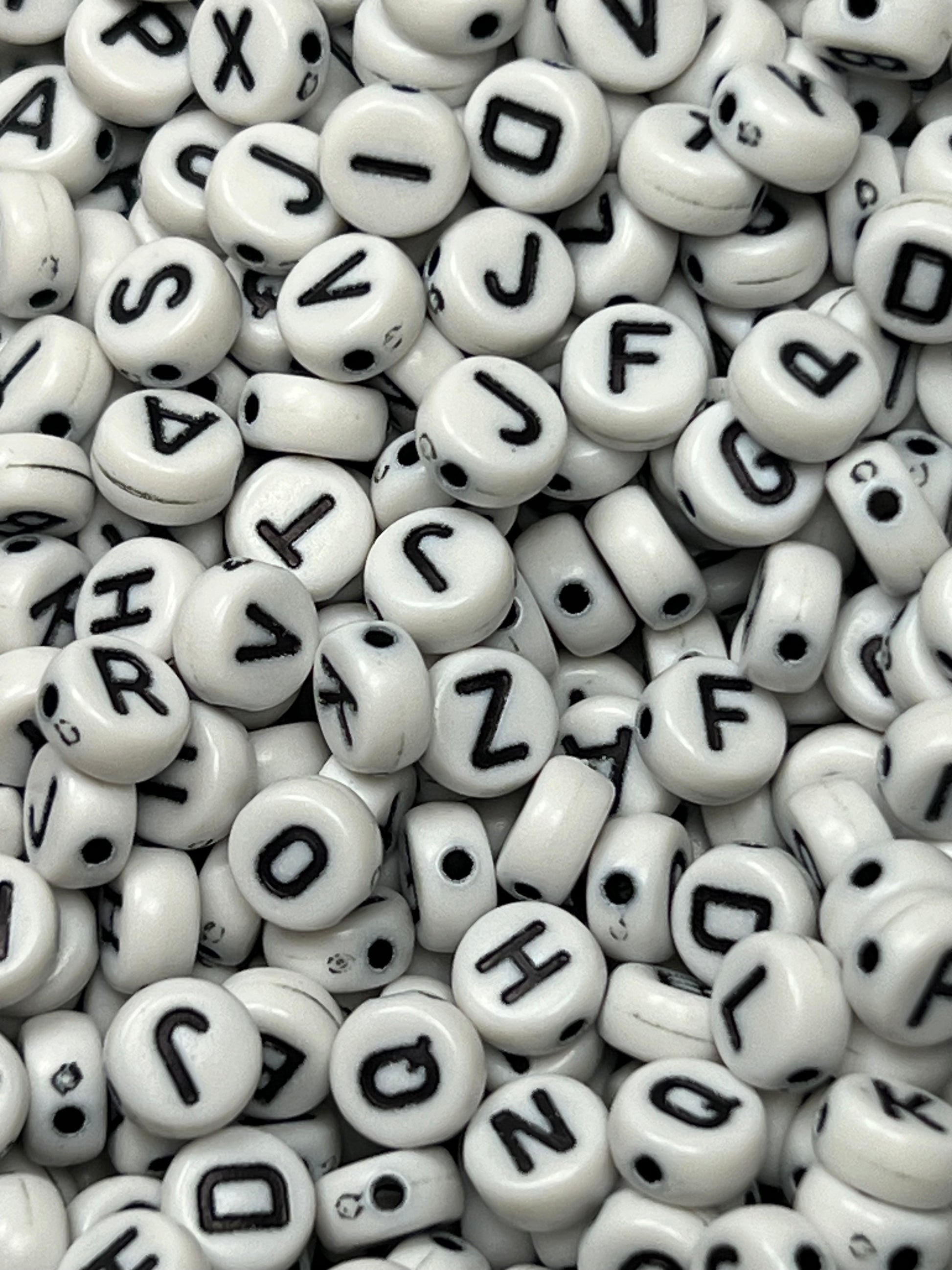 100 Acrylic Flar Round Letter Beads White w/Black Letters