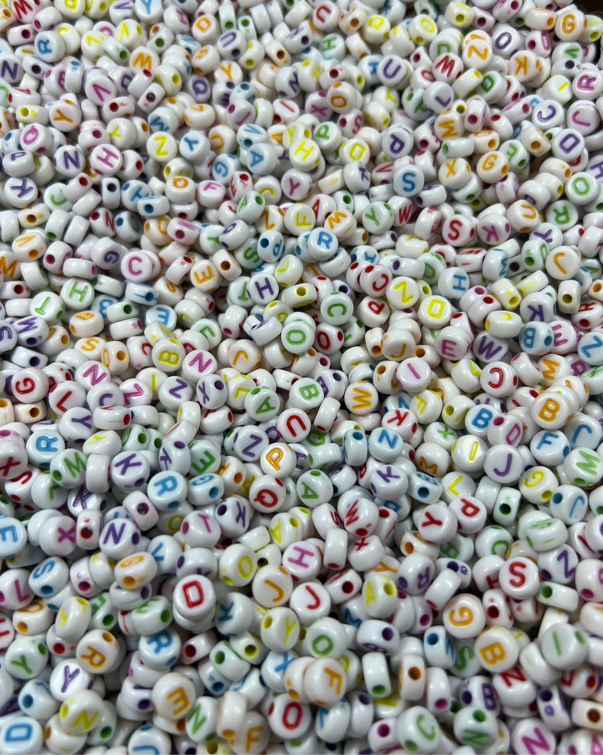 100 Acrylic Flat Round Letter Beads White w/Colorful Letters