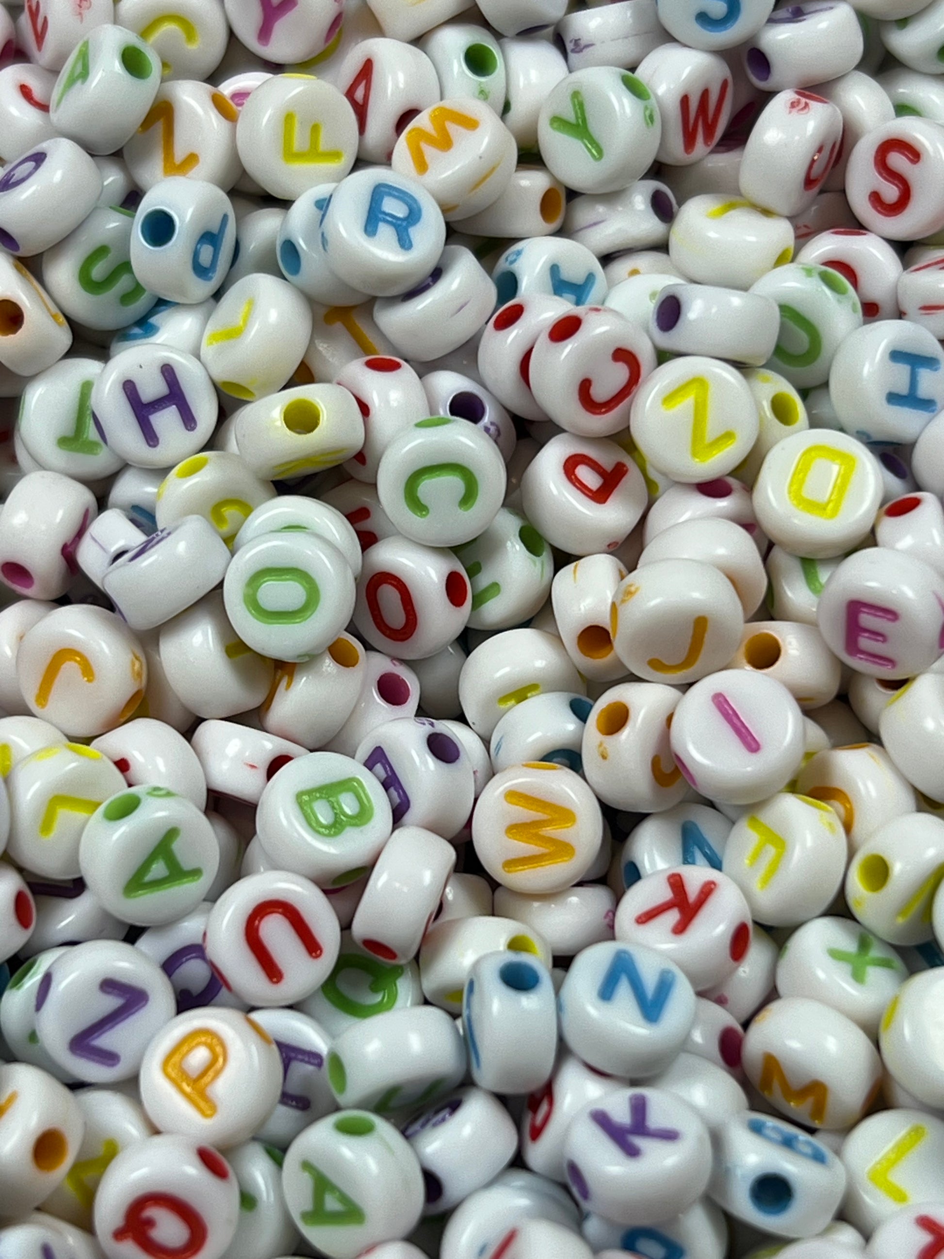 100 Acrylic Flat Round Letter Beads White w/Colorful Letters