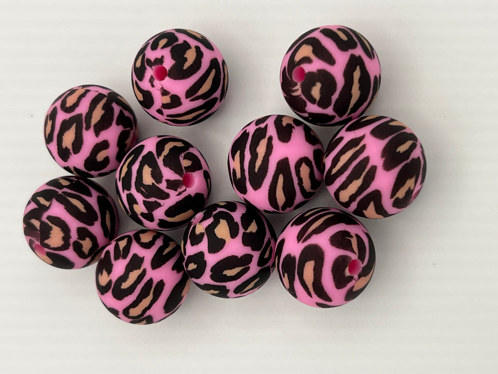 10 15mm Silicone Beads in Pink Leopard